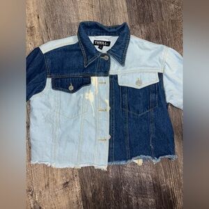 Navy/Light Blue Denim Patch Work Jean Jacket w/ Bleach Stain Design